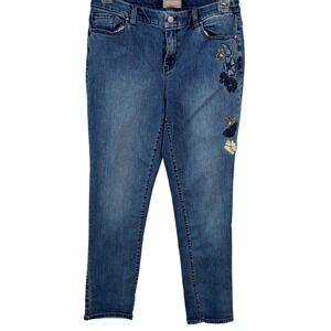 Chico's Embroidered Floral Straight Leg Jeans 1.5 Medium Wash Excellent
